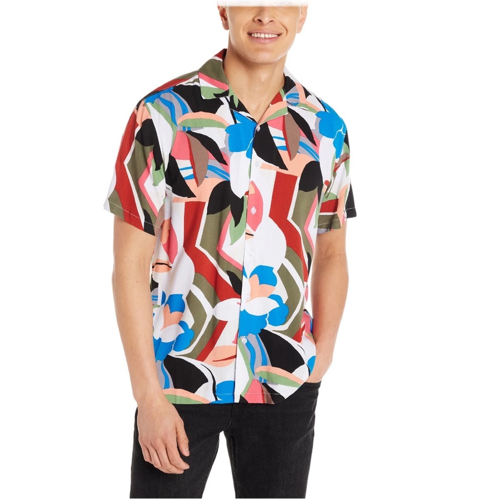 No Boundaries Men's Print Button Up Shirt with Short Sleeves,  Abstract Floral